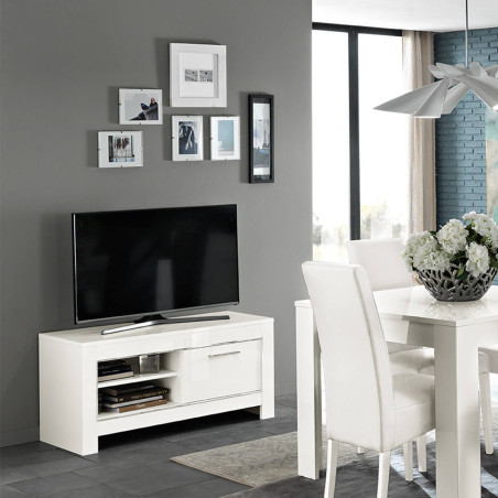 Meuble TV 1 porte L112 cm laqué blanc brillant - DENEA