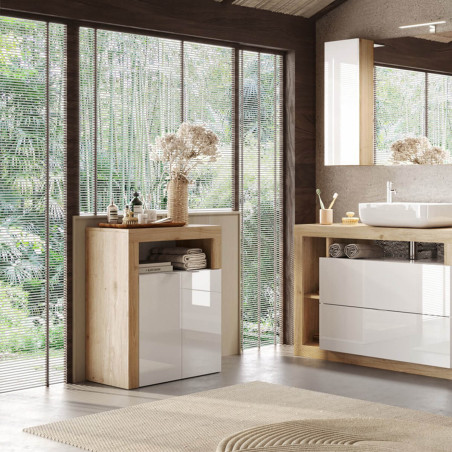 Rangement 2 portes blanc laqué et aspect bois finition Cadiz - ARTIRA