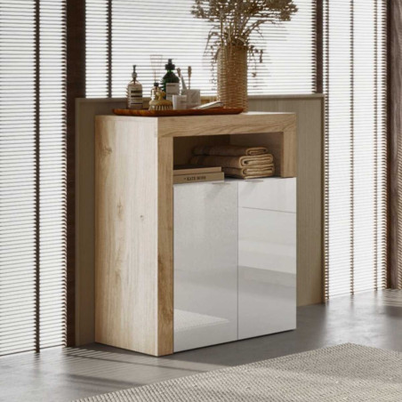 Rangement 2 portes blanc laqué et aspect bois finition Cadiz - ARTIRA