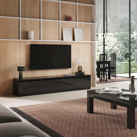 Meuble TV 4 portes laqué noir brillant - DEYTA