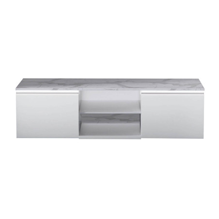 Meuble TV blanc laqué brillant avec plateau imitation marbre et led - CHRISA