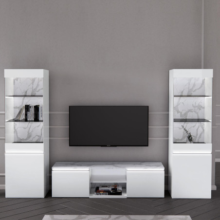 Meuble TV blanc laqué brillant avec plateau imitation marbre et led - CHRISA