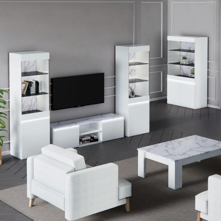 Meuble TV blanc laqué brillant avec plateau imitation marbre et led - CHRISA