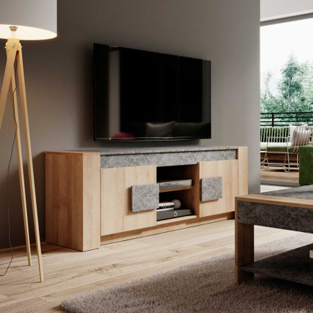 Meuble TV 2 portes aspect bois et pierre - FANIO