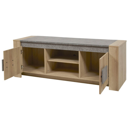 Meuble TV 2 portes aspect bois et pierre - FANIO