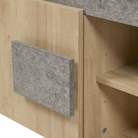 Meuble TV 2 portes aspect bois et pierre - FANIO