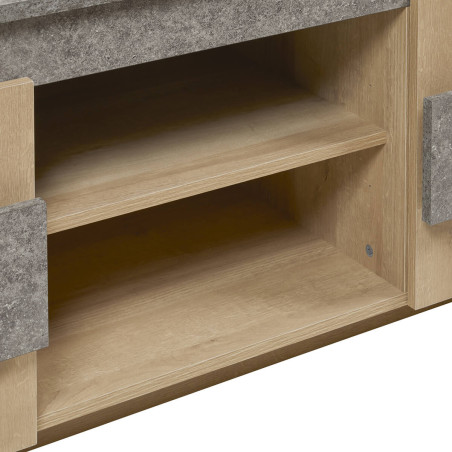 Meuble TV 2 portes aspect bois et pierre - FANIO