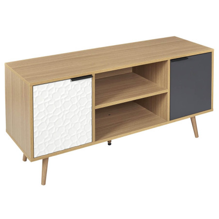 Meuble TV aspect bois et motif craquelé blanc - KRAIO