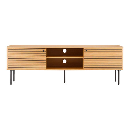 Meuble TV 2 niches 2 portes effet tasseaux chêne clair - LOWIA