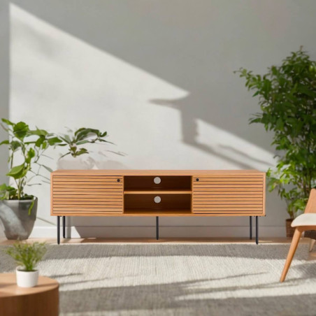 Meuble TV 2 niches 2 portes effet tasseaux chêne clair - LOWIA