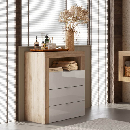 Rangement 3 tiroirs 64 cm blanc laqué aspect bois finition Cadiz - ARTIRA