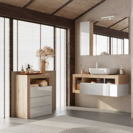 Rangement 3 tiroirs 64 cm blanc laqué aspect bois finition Cadiz - ARTIRA