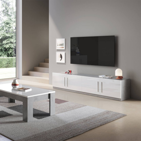 Meuble TV 4 portes moderne laqué blanc et marbre poignées métal - ALANA