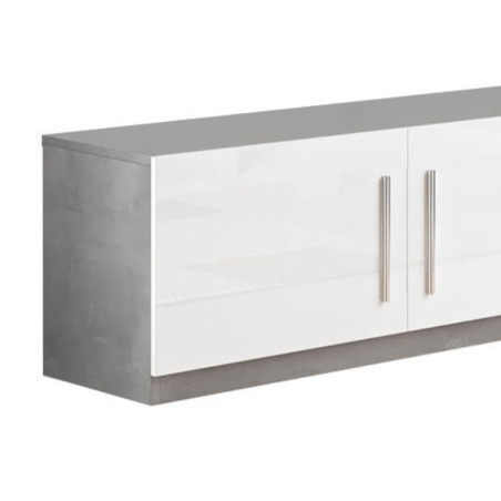 Meuble TV 4 portes moderne laqué blanc et marbre poignées métal - ALANA