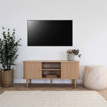 Meuble TV 2 portes coulissantes en MDF et pin naturel - ERIRA
