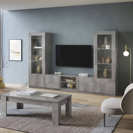 Meuble TV 2 Portes Moderne Laqué Effet Marbre avec Leds - ALANA