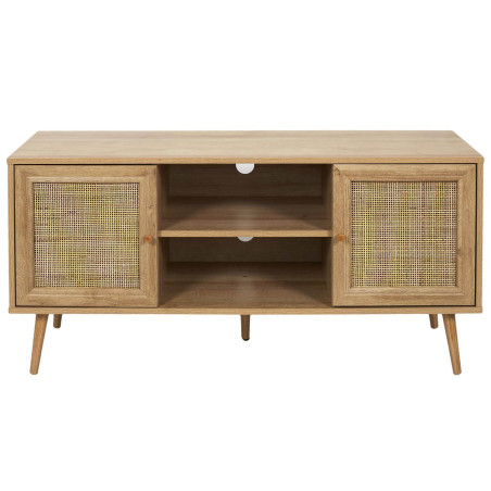 Meuble TV 2 portes effet bois et façades rotin - MAYRO