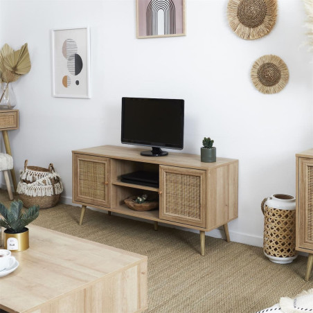 Meuble TV 2 portes effet bois et façades rotin - MAYRO