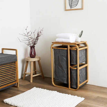 Rangement à 3 Panières en Bambou et Tissu Gris - LAZIR
