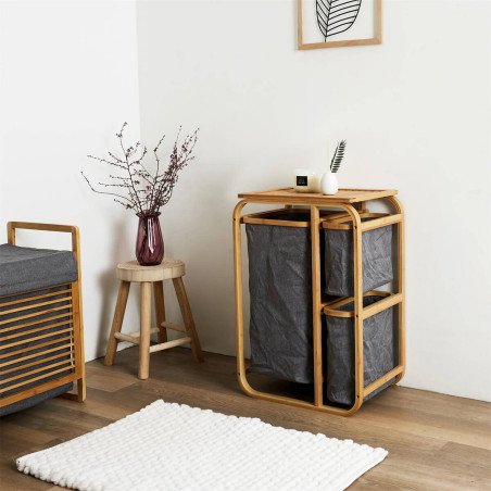 Rangement à 3 Panières en Bambou et Tissu Gris - LAZIR