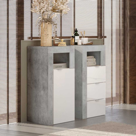 Rangement 3 tiroirs 35 cm blanc laqué et aspect béton - ARTIRA