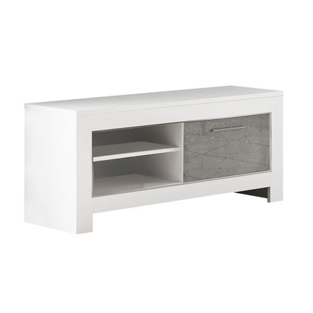 Meuble TV 1 Porte L112cm Laqué Blanc Brillant et Gris Marbré - DENEA