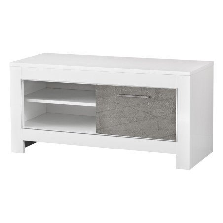 Meuble TV 1 Porte L112cm Laqué Blanc Brillant et Gris Marbré - DENEA