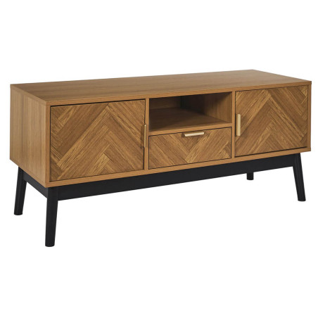 Meuble TV 2 portes 1 tiroir aspect bois chevrons piétement noir - SIXIA