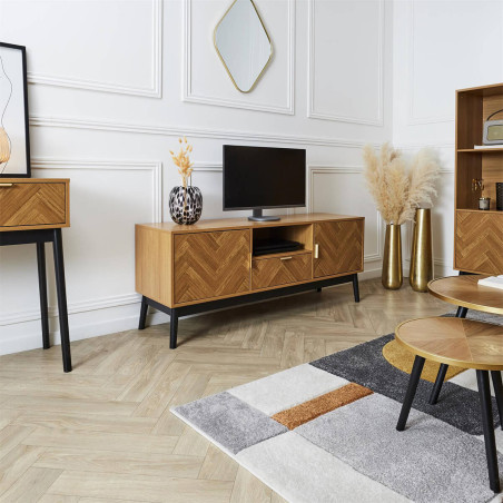 Meuble TV 2 portes 1 tiroir aspect bois chevrons piétement noir - SIXIA