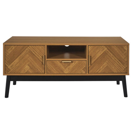 Meuble TV 2 portes 1 tiroir aspect bois chevrons piétement noir - SIXIA