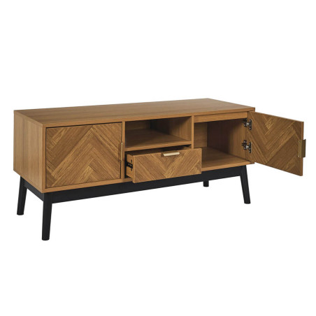 Meuble TV 2 portes 1 tiroir aspect bois chevrons piétement noir - SIXIA