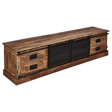 Meuble TV 2 portes coulissantes 4 tiroirs manguier métal noir - RAJANOR