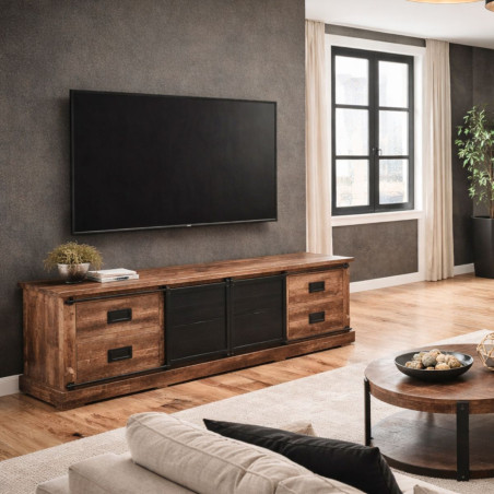 Meuble TV 2 portes coulissantes 4 tiroirs manguier métal noir - RAJANOR