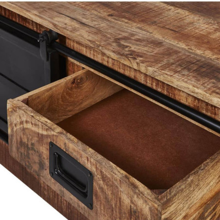 Meuble TV 2 portes coulissantes 4 tiroirs manguier métal noir - RAJANOR