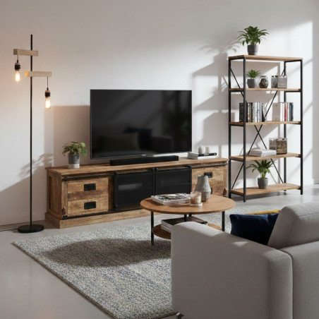 Meuble TV 2 portes coulissantes 4 tiroirs manguier métal noir - RAJANOR