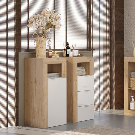 Rangement 3 tiroirs 35 cm blanc laqué et aspect bois finition Cadiz - ARTIRA