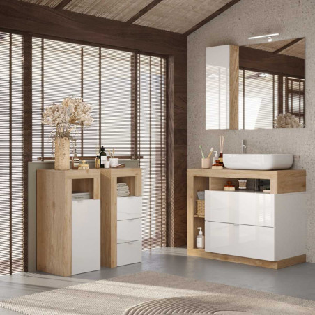 Rangement 3 tiroirs 35 cm blanc laqué et aspect bois finition Cadiz - ARTIRA