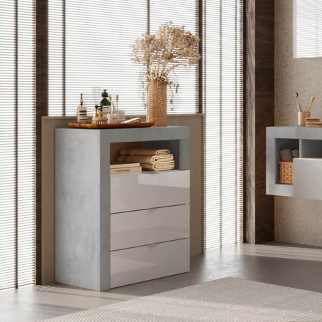 Rangement 3 tiroirs 64 cm blanc laqué et aspect béton - ARTIRA