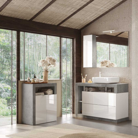 Rangement 3 tiroirs 64 cm blanc laqué et aspect béton - ARTIRA