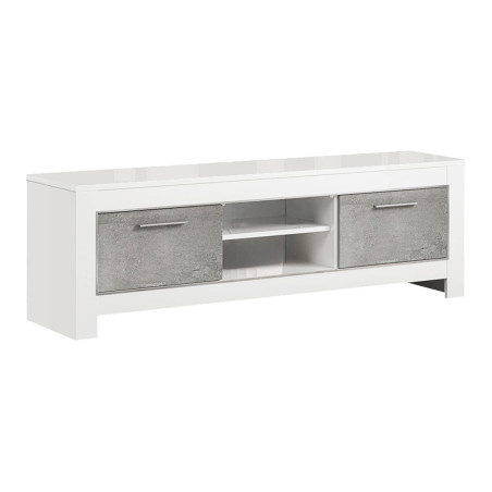 Meuble TV 2 Portes L160cm Laqué Blanc Brillant et Gris Marbré - DENEA