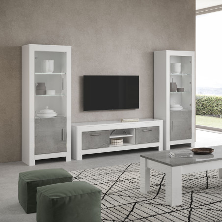 Meuble TV 2 Portes L160cm Laqué Blanc Brillant et Gris Marbré - DENEA