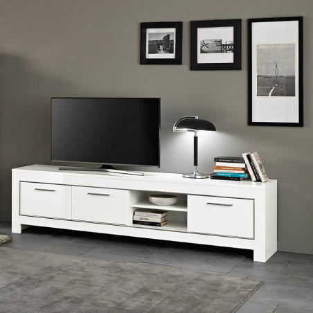 Meuble TV 3 Portes L207cm Laqué Blanc Brillant - DENEA