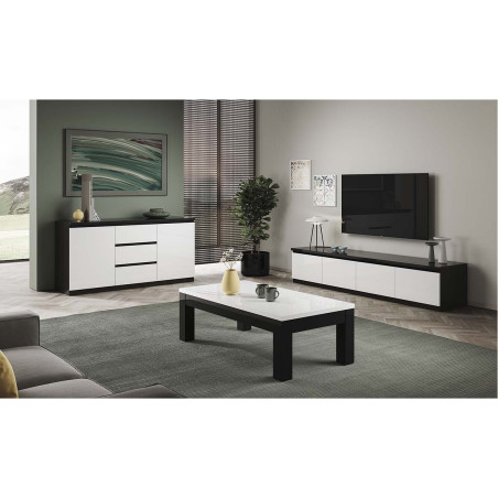 Meuble TV 4 portes laqué noir et blanc brillant - DEYTA