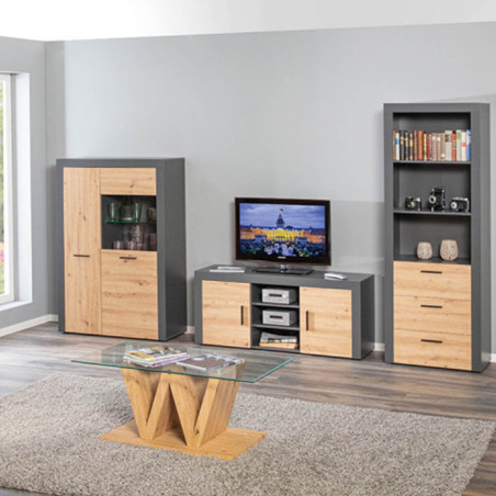 Meuble TV 2 Portes 3 Niches Gris Effet Bois - OCTIO