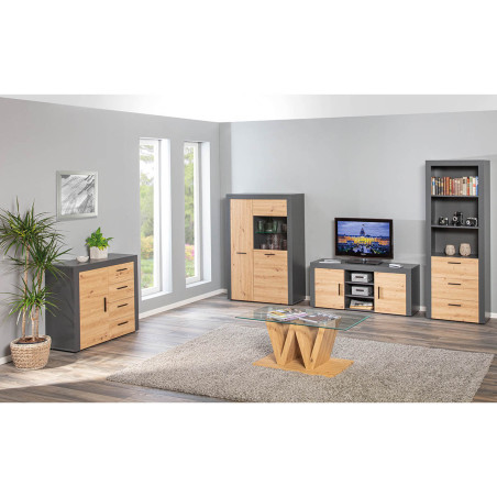 Meuble TV 2 Portes 3 Niches Gris Effet Bois - OCTIO