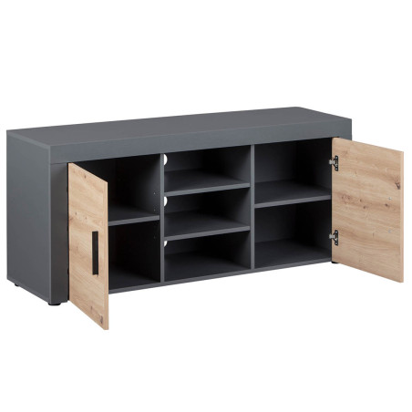 Meuble TV 2 Portes 3 Niches Gris Effet Bois - OCTIO