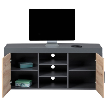 Meuble TV 2 Portes 3 Niches Gris Effet Bois - OCTIO