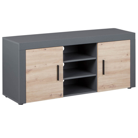 Meuble TV 2 Portes 3 Niches Gris Effet Bois - OCTIO