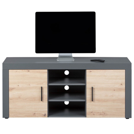 Meuble TV 2 Portes 3 Niches Gris Effet Bois - OCTIO