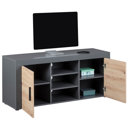 Meuble TV 2 Portes 3 Niches Gris Effet Bois - OCTIO